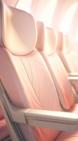 A row of seats on an airplane with a window in the background, AIの素材