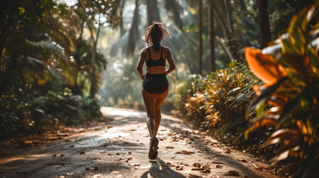 A woman in a black bikini running down the road, AIの素材