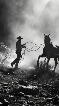 A cowboy is leading a horse in the wild, AIの素材