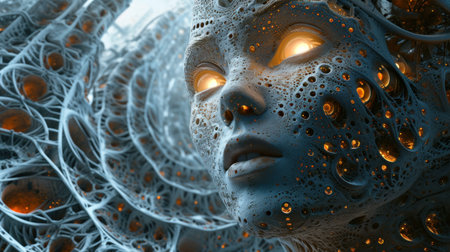 A close up of a womans face with glowing eyes and tentacles, AIの素材
