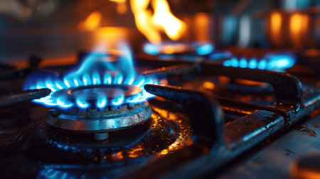 A close up of a gas stove with blue flames coming out, AIの素材