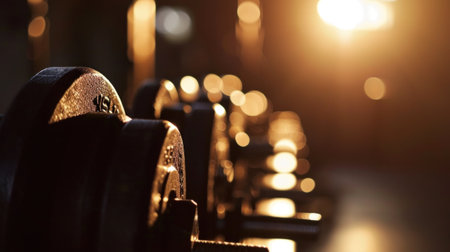 A row of weights in a gym with the sun shining through, AIの素材