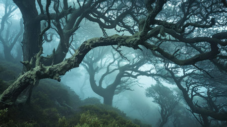 A tree covered in moss and fog on a hillside, AIの素材