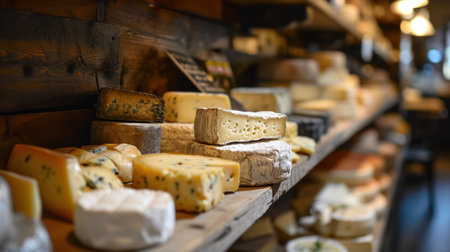 A shelf of a bunch of different types of cheese on display, AIの素材