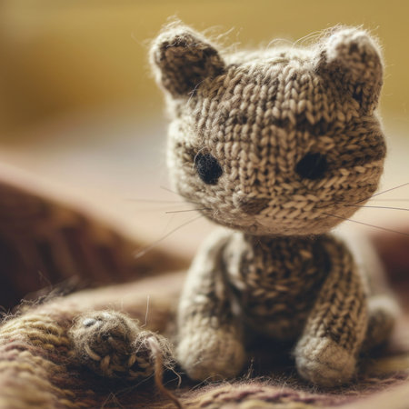 A close up of a knitted cat sitting on top of something, AIの素材
