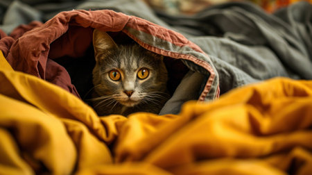 A cat peeking out from under a blanket on top of bedding, AIの素材