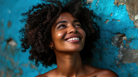 A woman with curly hair smiling and looking up at the sky, AIの素材