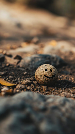 A stone with a smiley face sitting on the ground, AIの素材