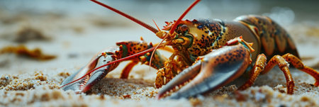 A lobster with large claws and a red tail is on the sand, AIの素材