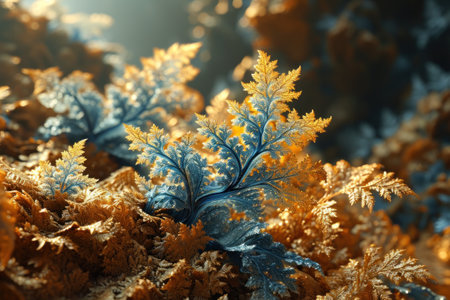 A close up of an underwater plant with blue and yellow leaves, AIの素材