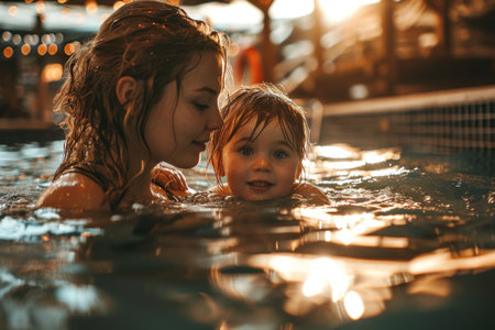 A woman and child in a pool together with water, AIの素材