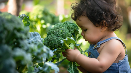 A young child looking at a broccoli plant in the garden, AIの素材