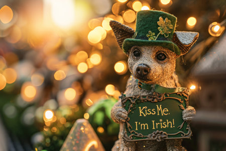 A small dog dressed in a green hat and holding up an irish sign, AIの素材