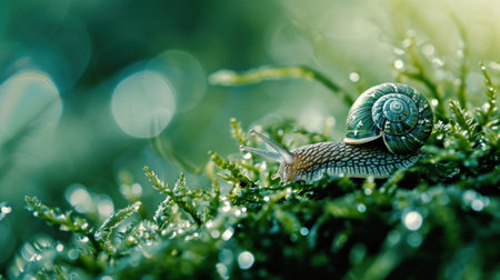 A snail is sitting on top of some green grass, AIの素材