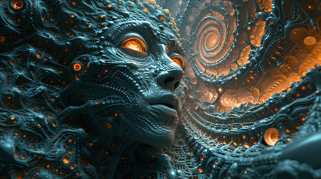 A close up of a womans face with orange eyes and swirls, AIの素材