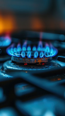 A close up of a gas stove with blue flames coming out, AIの素材