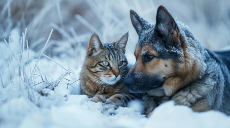 A cat and dog in the snow together, looking at each other, AIの素材