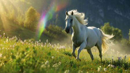 A white horse running through a field of flowers and grass, AIの素材