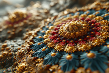 A close up of a decorative piece with gold and red colors, AIの素材