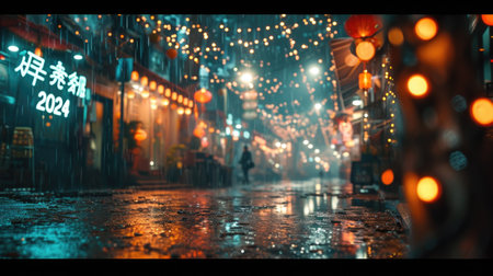 A street with lights and rain on a rainy night, AIの素材