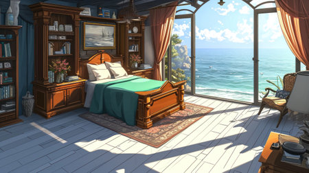 A bedroom with a bed, dresser and window overlooking the ocean, AIの素材