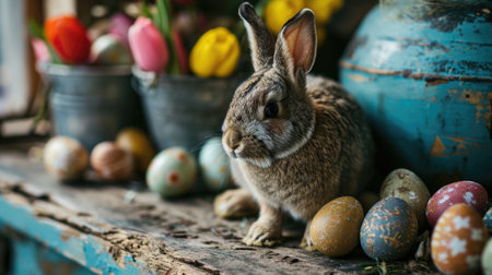 A rabbit sitting on a table with eggs and other items, AIの素材