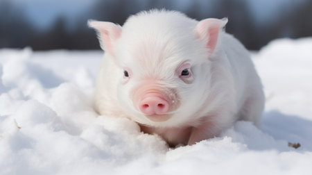 A small pig is laying in the snow with its eyes closed, AIの素材