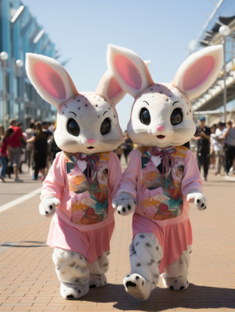 Two bunny costumes are walking down a sidewalk in front of people, AIの素材