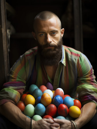 A man with a beard holding many colorful eggs, AIの素材