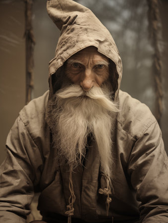 A man with a long beard and hooded jacket sitting on the ground, AIの素材