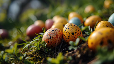 A bunch of eggs laying on the ground in a field, AIの素材