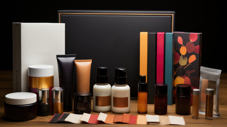 A variety of cosmetics and skin care products are displayed on a table, AIの素材