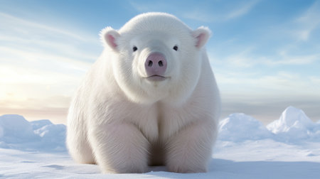 A large white polar bear standing in the snow with a blue sky, AIの素材