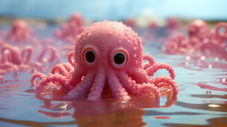A pink octopus is floating in the water with big eyes, AIの素材
