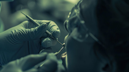 A person getting a dental procedure done by dentist in gloves, AIの素材