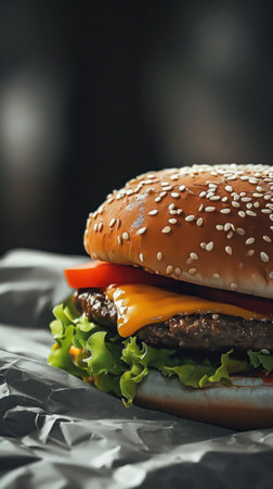 A cheeseburger with lettuce, tomato and cheese on a piece of paper, AIの素材