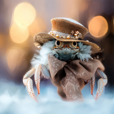 A crab wearing a hat and scarf with feathers on it, AIの素材