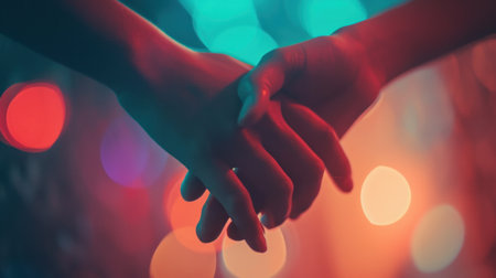 Two hands are holding each other in front of a colorful background, AIの素材
