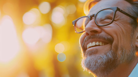 A close up of a man with glasses smiling and laughing, AIの素材