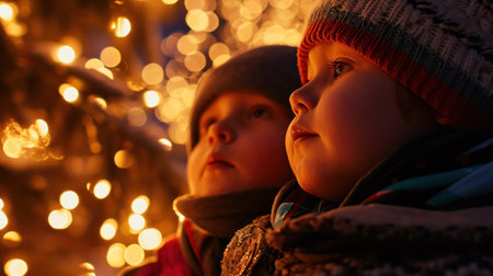 Two children are looking at a christmas tree with lights, AIの素材