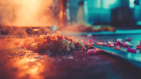 A knife and chopped onions on a cutting board with flames, AIの素材
