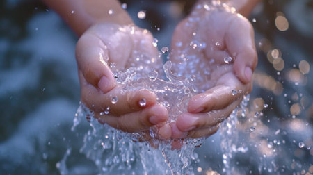 A person is washing their hands with water from a stream, AIの素材