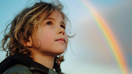 A young child looking up at a rainbow in the sky, AIの素材