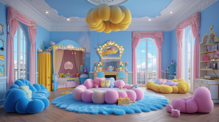 A room with a lot of pink and blue furniture in it, AIの素材