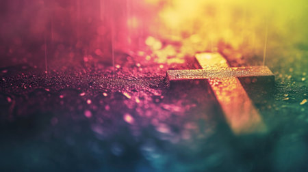 A cross is laying on a wet surface with rain drops, AIの素材