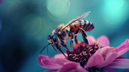 A bee on a flower with blurred background and green leaves, AIの素材