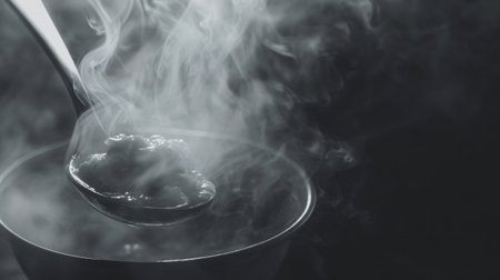A spoon filled with a steaming food substance in the bottom of a cup, AIの素材