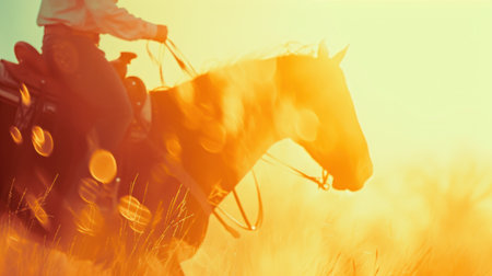 A man riding a horse through tall grass in the sun, AIの素材