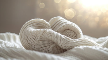A knitted ball of yarn on a bed with light shining through, AIの素材