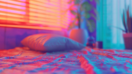 A pillow on a bed with some plants in the background, AIの素材